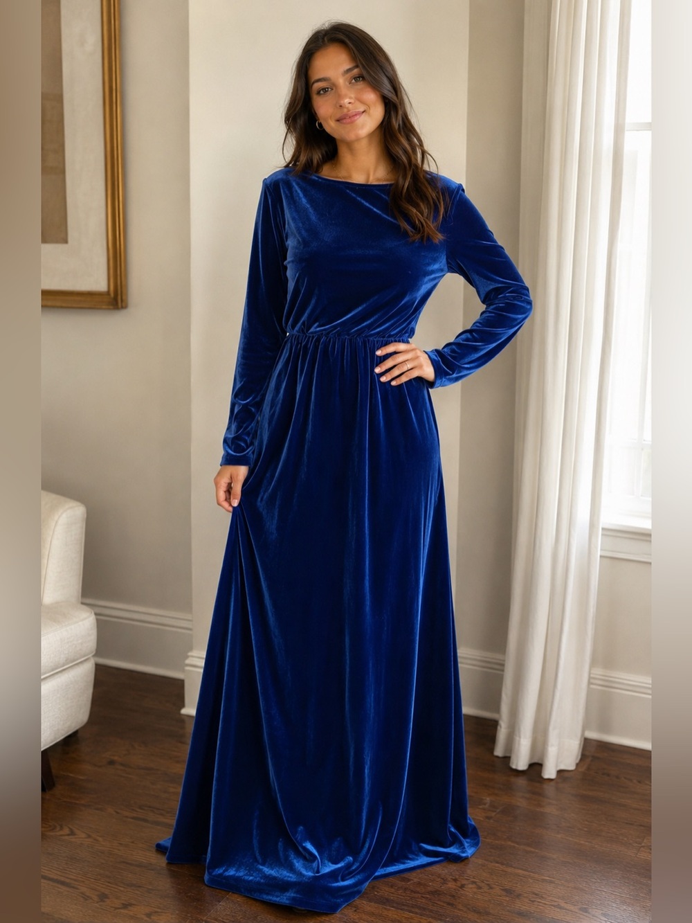Royal Blue Velvet Long-Sleeve Maxi Dress